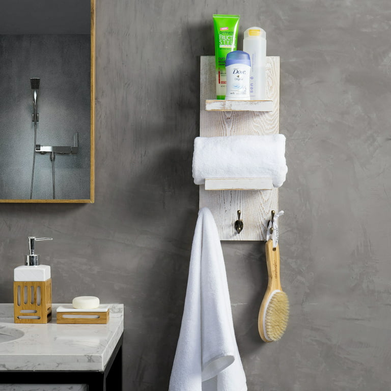 MyGift Wall Mounted Hot Tub Bathroom Towel Rack Whitewashed Wood and Black Metal - Bath Cutout Design Decor Hanging Bath Holder Organizer with 4