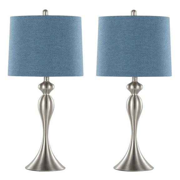 27" Curvy Brushed Nickel Table Lamp w/ Navy Blue Slub Linen Shade (Set of 2)