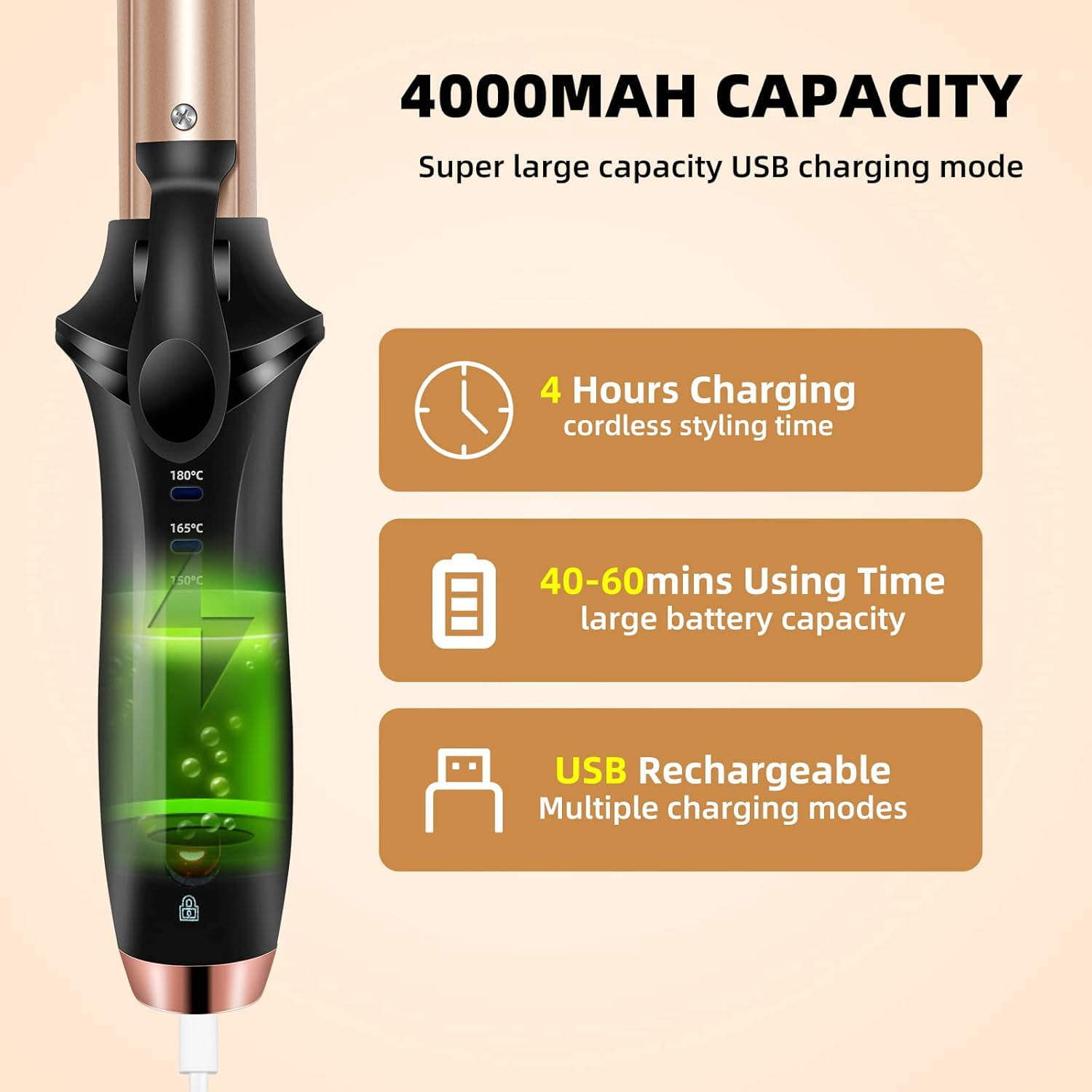 Cordless Auto-Off Curling Iron, USB Rechargeable Ceramic Hair Curler for Travel, Portable & Compact Design with 3 Temperature Settings for On-the-Go Styling