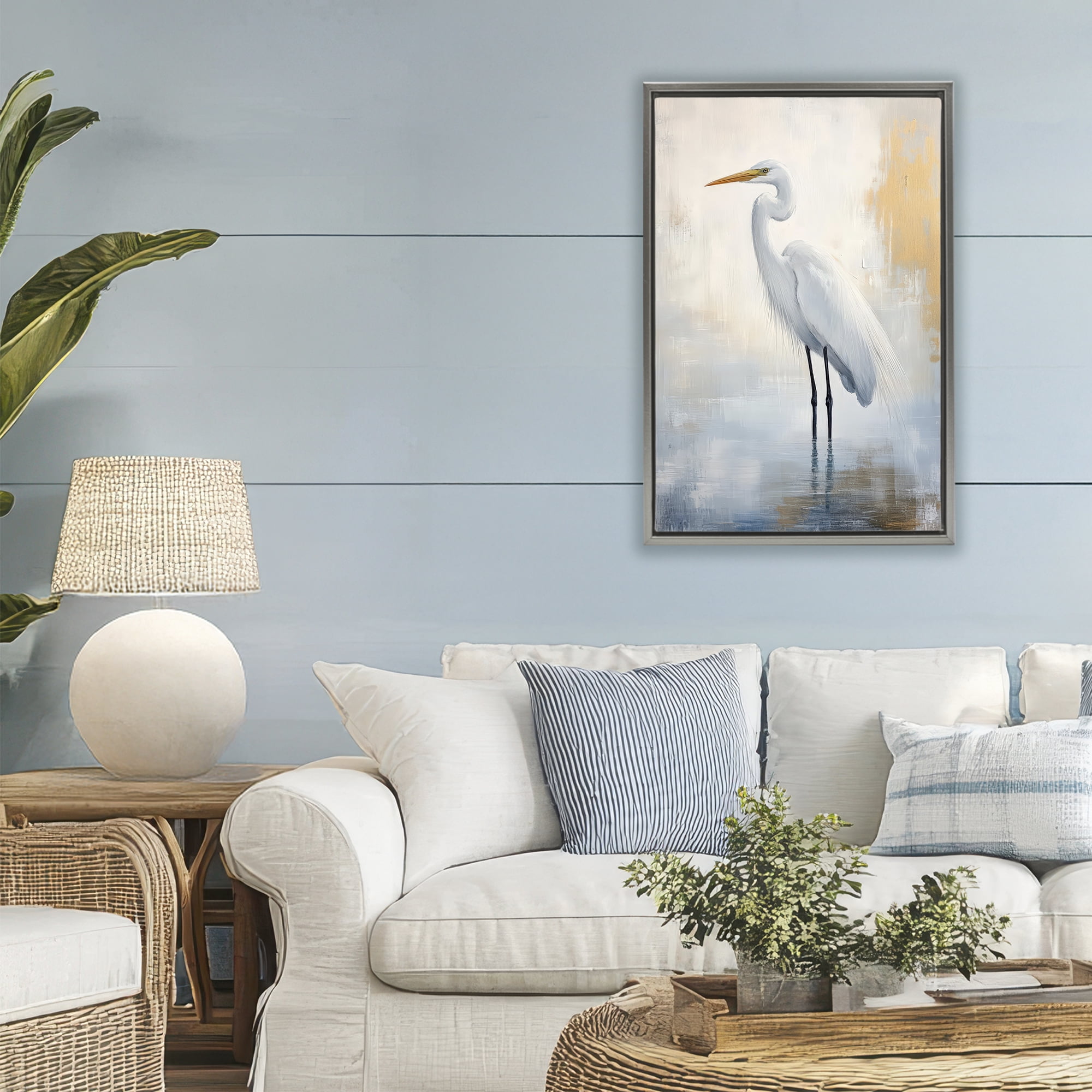 Stupell Industries Distressed Egret with Misty Reflection Gray Framed Floater Canvas Wall Art, design by Petal Prints Design