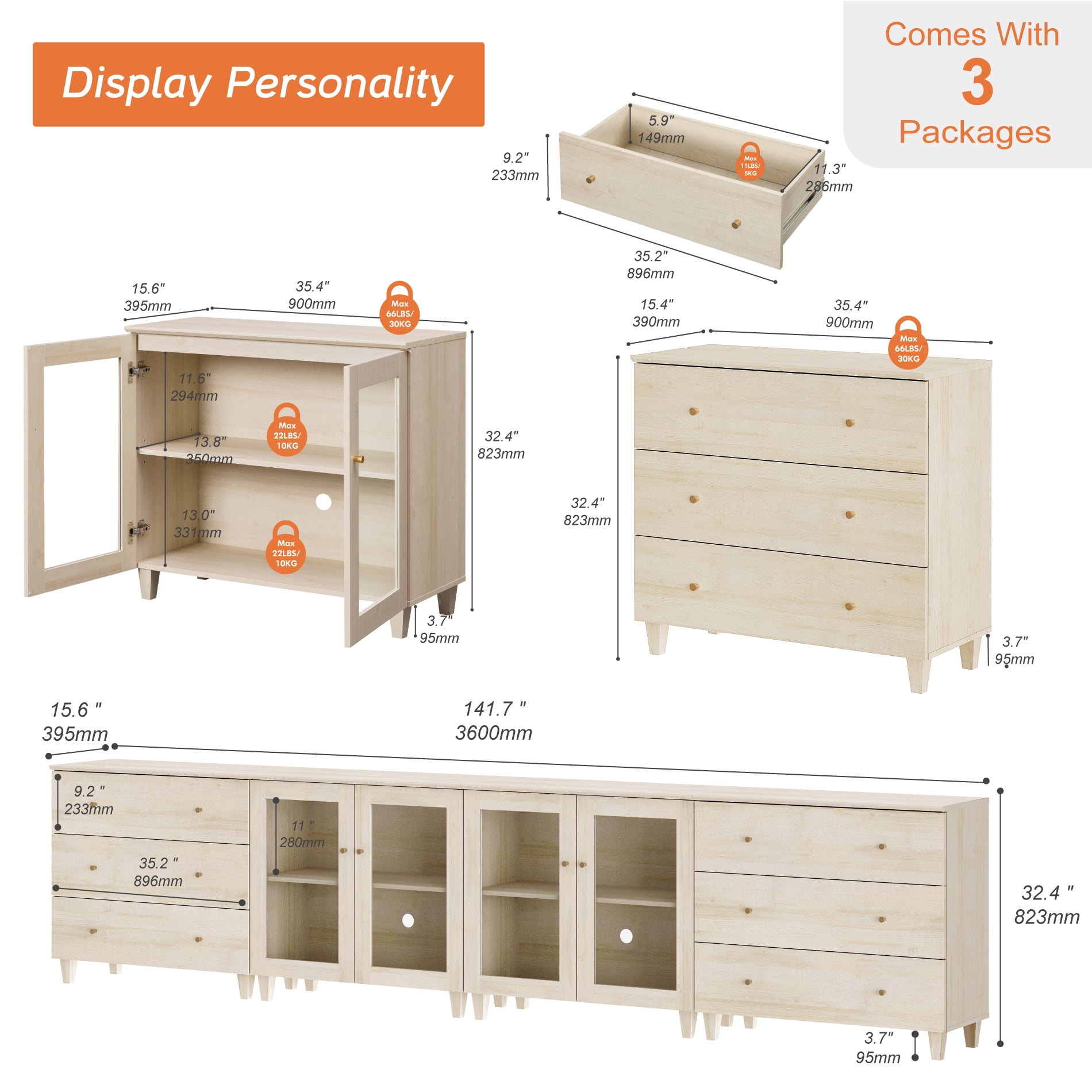 Modular Buffet Cabinet Sideboard With Glass Doors, Wide Drawers, Adjustable Shelves and Cable Management For Kitchen Dining Room, 142" W, White Oak Wood