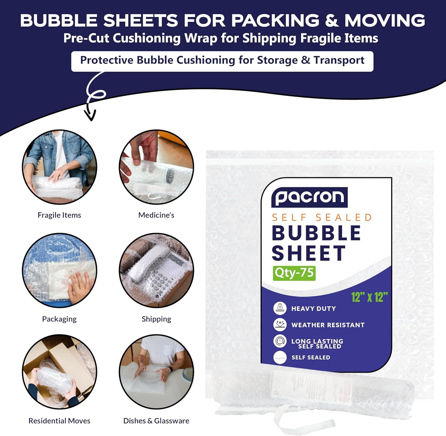 Pacron Bubble Wrap Sheets 12x12, 75-Count - Eco-Friendly Wrap for Shipping Fragile Items