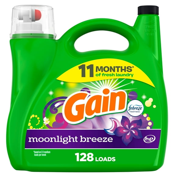 Gain Liquid Laundry Detergent, Moonlight Breeze Scent, Freshness + Odour Fighting, High efficiency washing machine iquid cleaning soap, 5.44 Litres, 128 Wash Loads