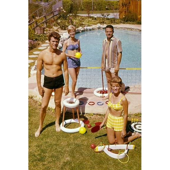 Clint Eastwood with wife and friends by pool 1960's bare chested rare 24x36 Poster