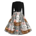 thumbnail image 4 of LWavelet Women's Long Sleeve Fit-and-Flare Dress, Floral Bunny & Carrot Patchwork Print with Satin Bow Belt for Casual & Easter Outfits Gray 4XL, 4 of 4