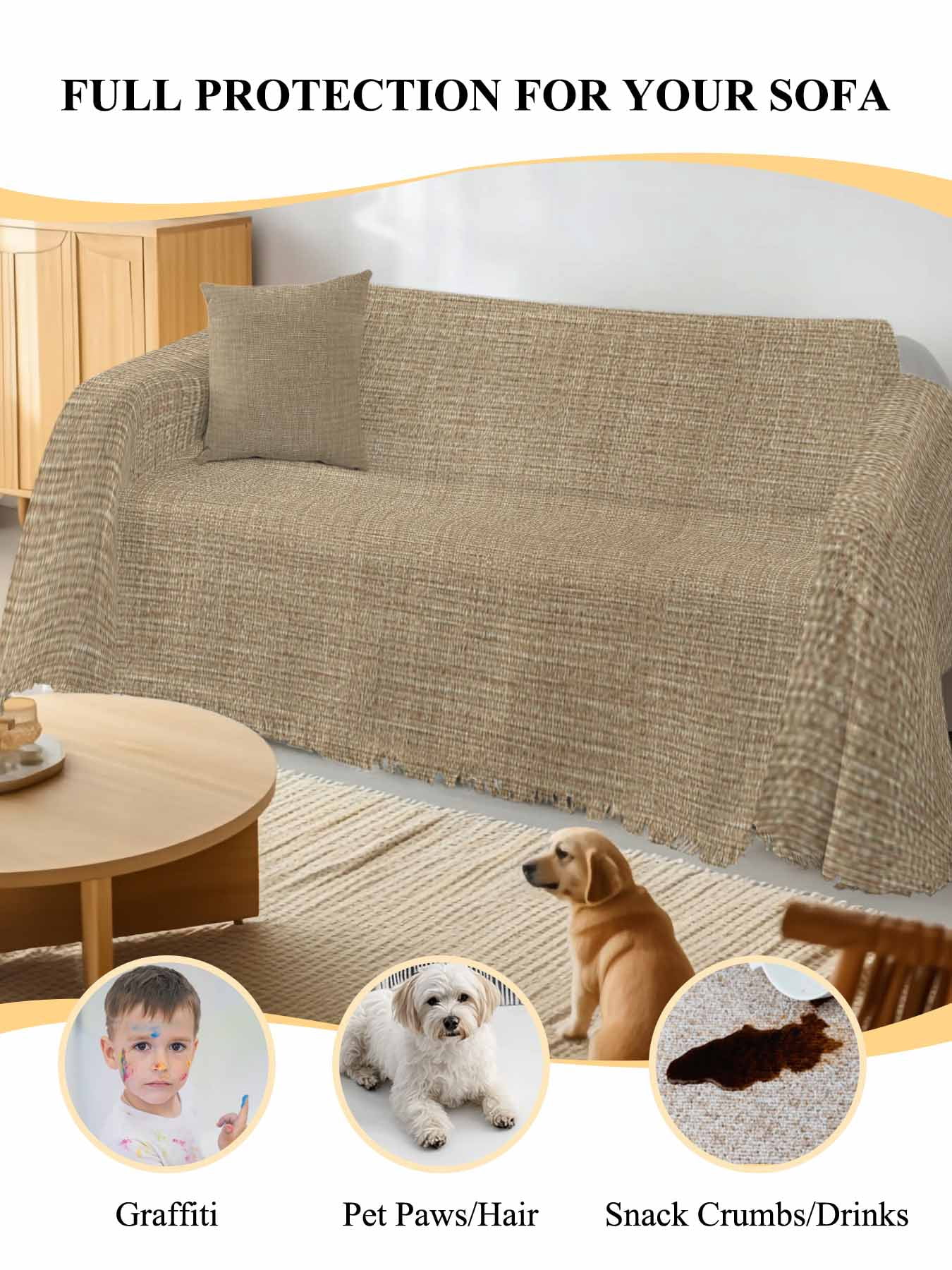Brown Farmhouse Couch Cover for 2 Cushion Sofa, Vintage Country Monochrome Textured Washable Loveseat Sofa Covers Slipcover for Sectional Sofas L-Shaped, Couch Throw Cover 71"x118"