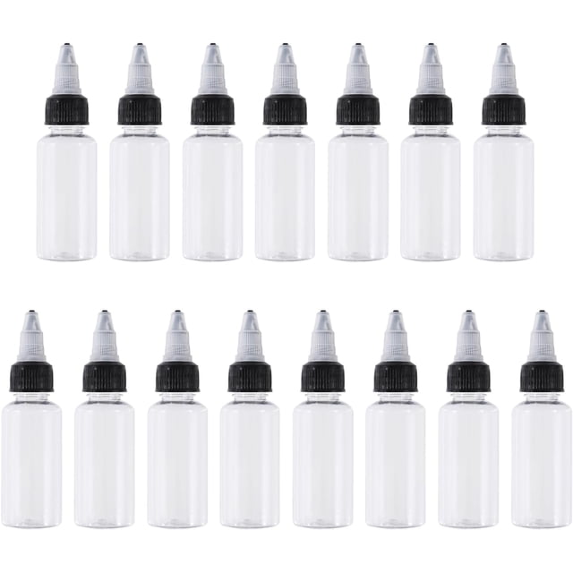 15 botellas de plástico de 30 ml con tapa giratoria negra, transparentes, para dispensar líquidos extruidos, redondas, de Boston, con punta fina y cuentagotas