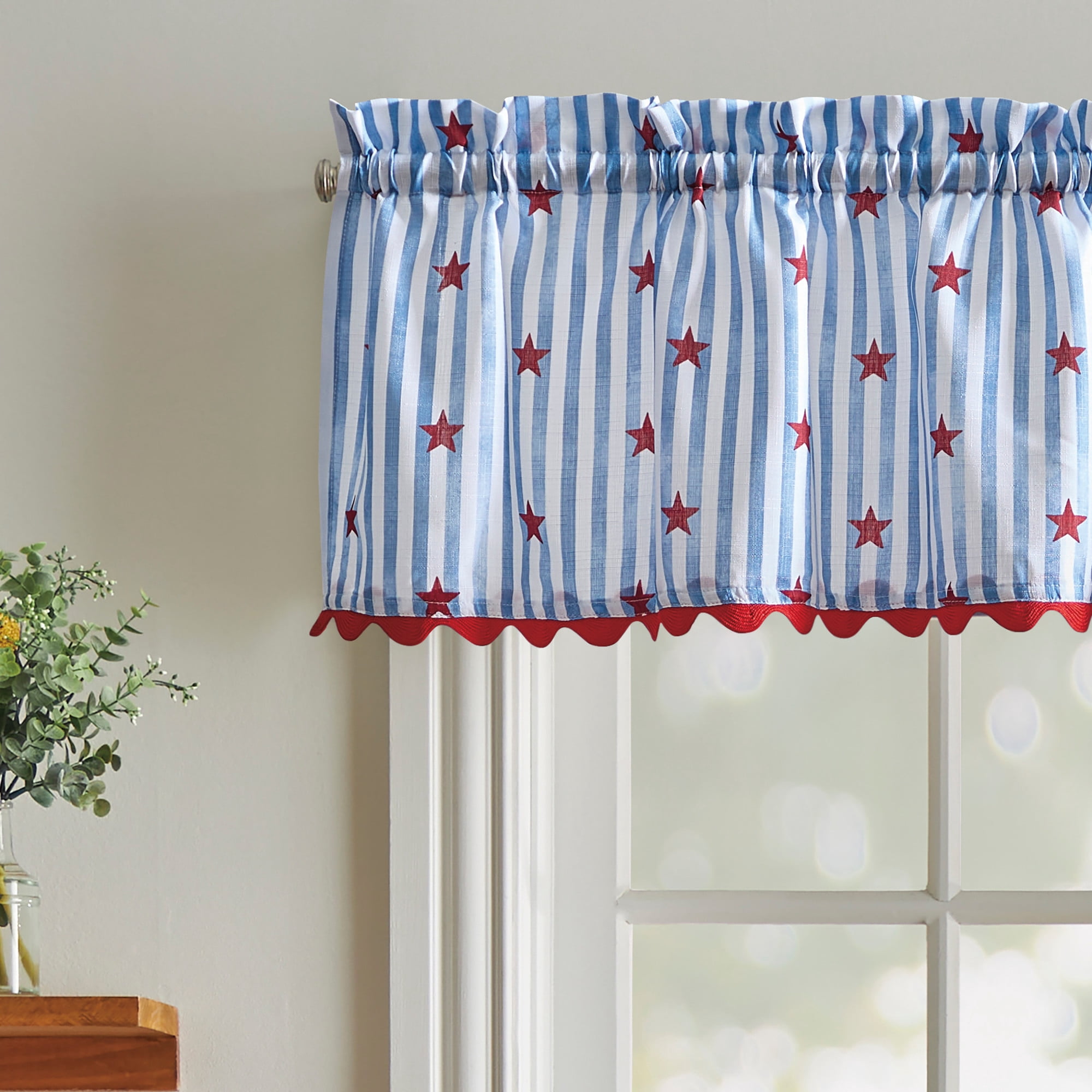 Curtainworks Stars and Stripes 3 Piece Tier and Valance Set Multicolor, Indoor, Pole Top, 56" x 14", Adult