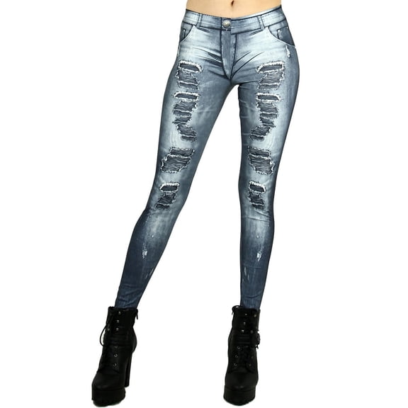 Premium Graphic Distressed Denim Jean Leggings Charcoal L