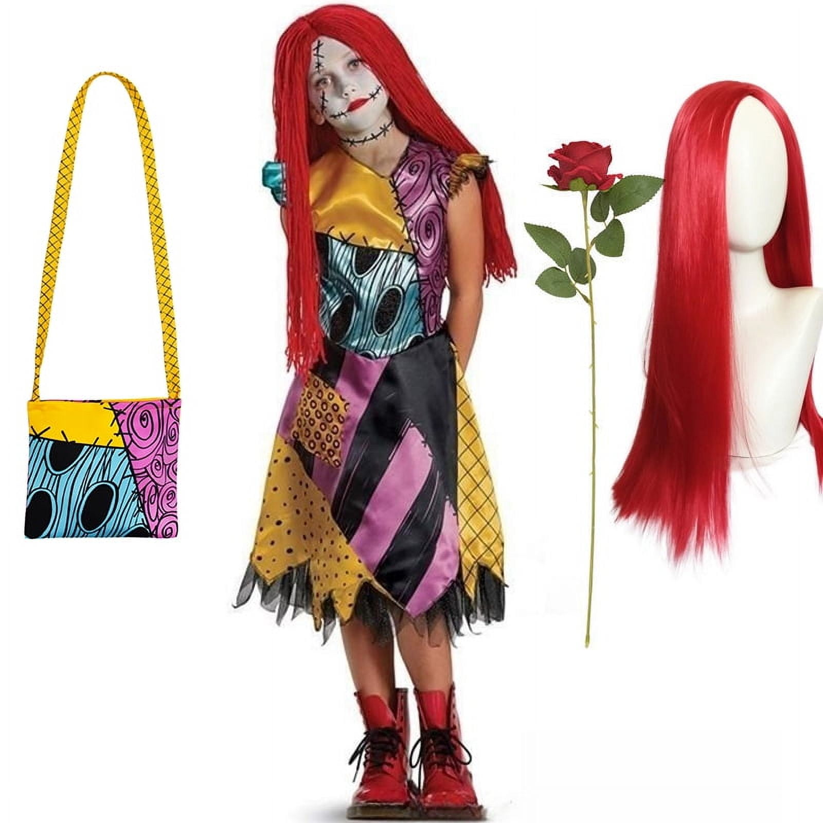 AENEY Disfraz De Sally De Pesadilla Antes De Navidad – 5 Piezas Con Vestido, Peluca Roja, Manga, Bolsa Y Leggings – Tallas S A XXL