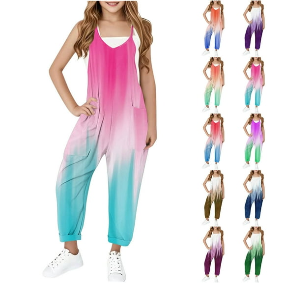 JTSRKL Jumpsuits for Kids Teen Girls Cute Summer Tie Dye Gradient Print Sleeveless Spaghetti Strappy Rompers Loose Fit Casual Long Romper Overalls with Pockets Dark Purple 5-6 Years