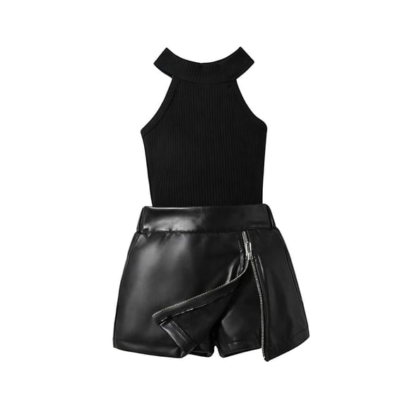 Zpanxa Girls Black Ribbed Halter Sleeveless Top and Faux Leather Zip Shorts Set 2 Piece Trendy Outfit