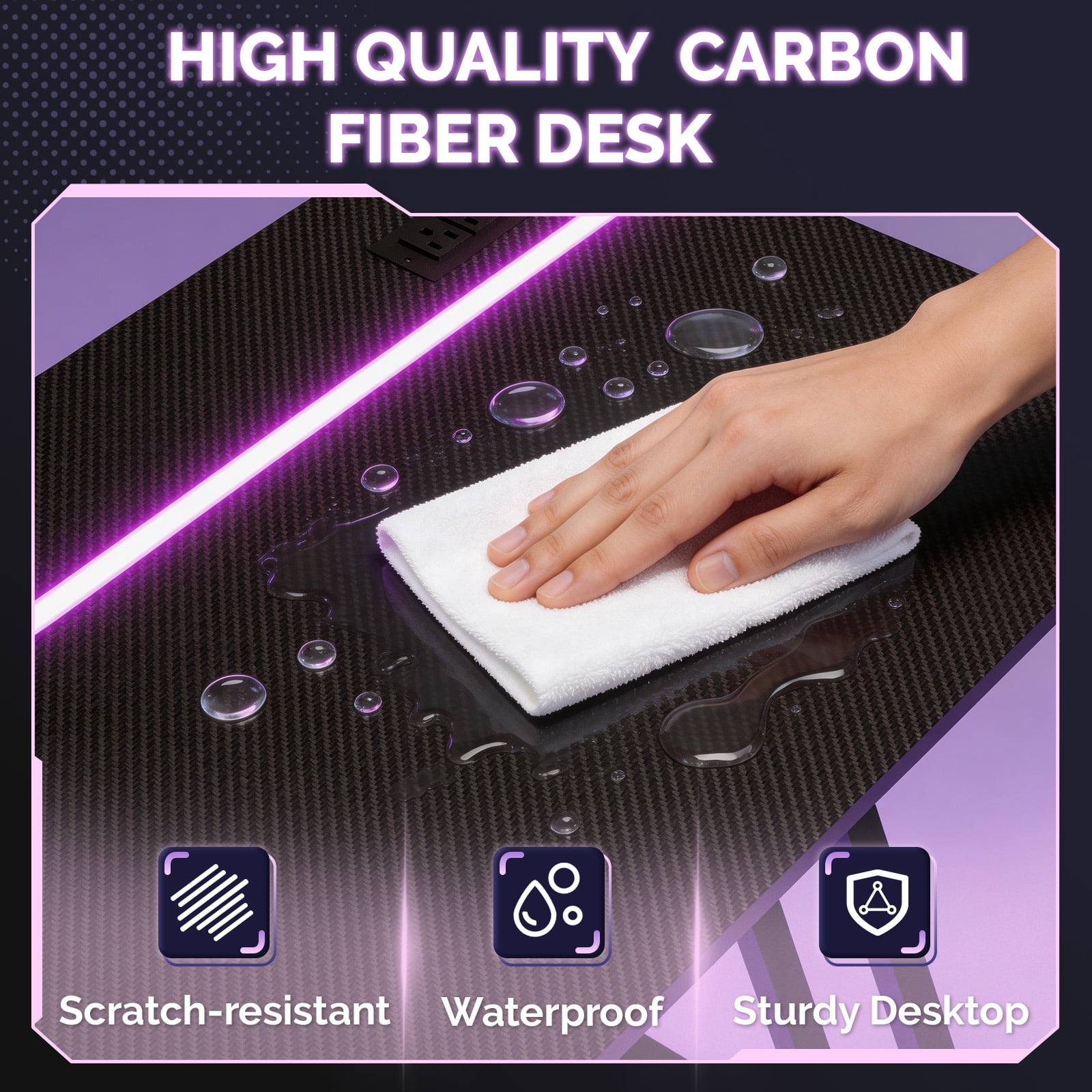 31.5" Z-Shaped Gaming Desk with Carbon Fiber Texture and Recessed LED Light, Black