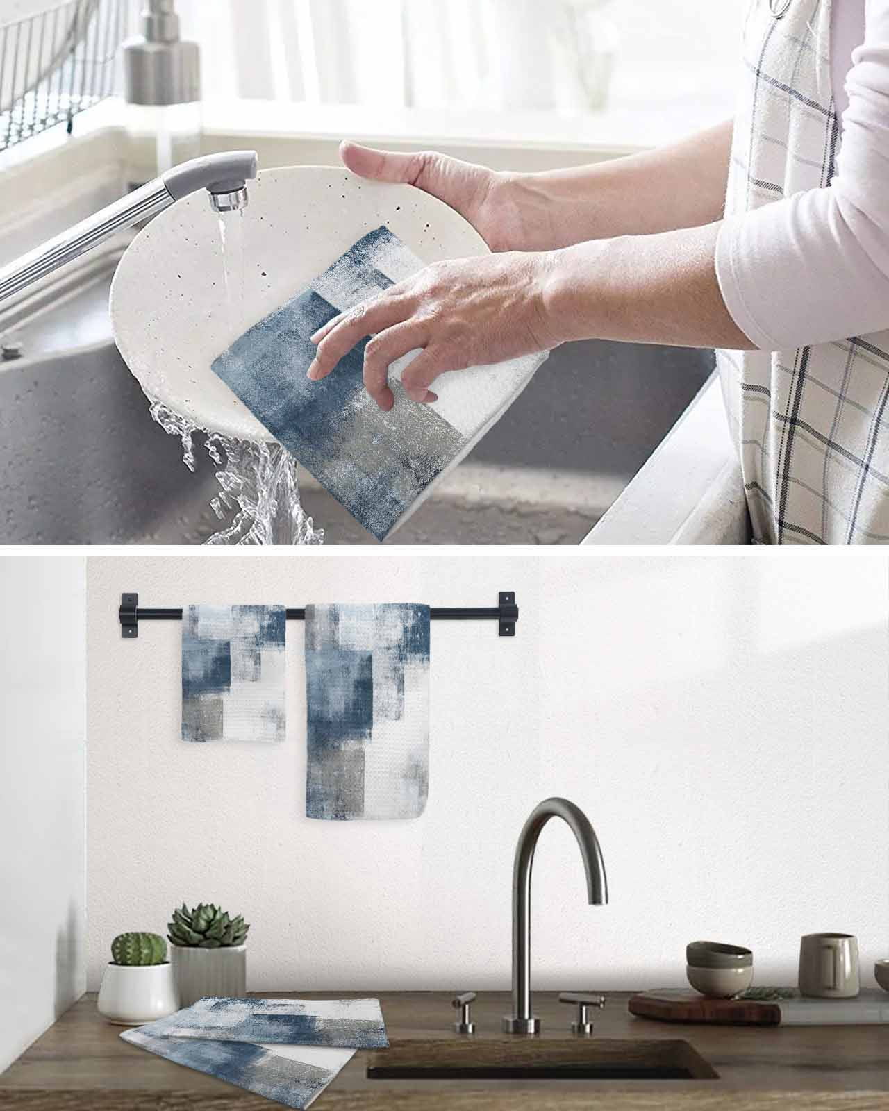 Blue Grey Kitchen Dish Towels for Drying Dishes Set of 3, Abstract Modern Painting Mottled White Art Waffle Weave Microfiber Terry Hand Tea Bathroom Towels Quick Dry & Absorbent Towel 15.7x23.6