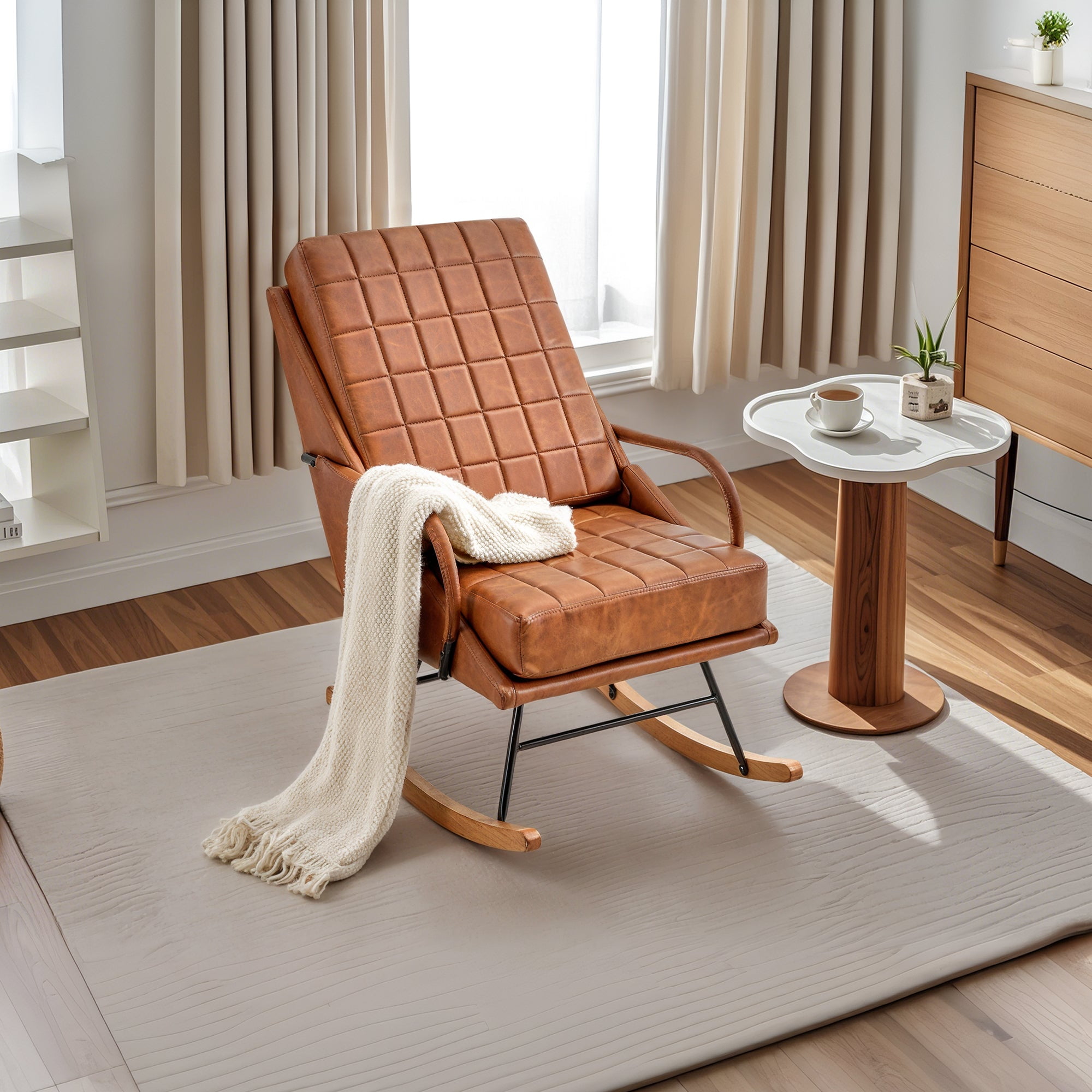 VECELO Nursery Rocking Chair with High Backrest, PU Leather Comfortable Rocker with Padded Seat for Living Room, Bedroom, Brown
