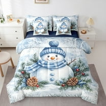 Manfei Christmas Snowman 7 Pieces Bedding Comforter Set,Pine Cone Full Bedding Set,White Blue Brown Fitted Sheet Flat Sheet For Girl Boys,Super Cozy Room Decor Reversible