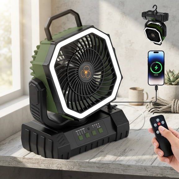 Camping Fan, 20000mAh Battery Operated Portable Fan with Remote Control, LED Light & Hanging Hook, 4‑Speed Auto‑Rotating Rechargeable Fan for Tent, Camp, Beach & Outdoor Activities