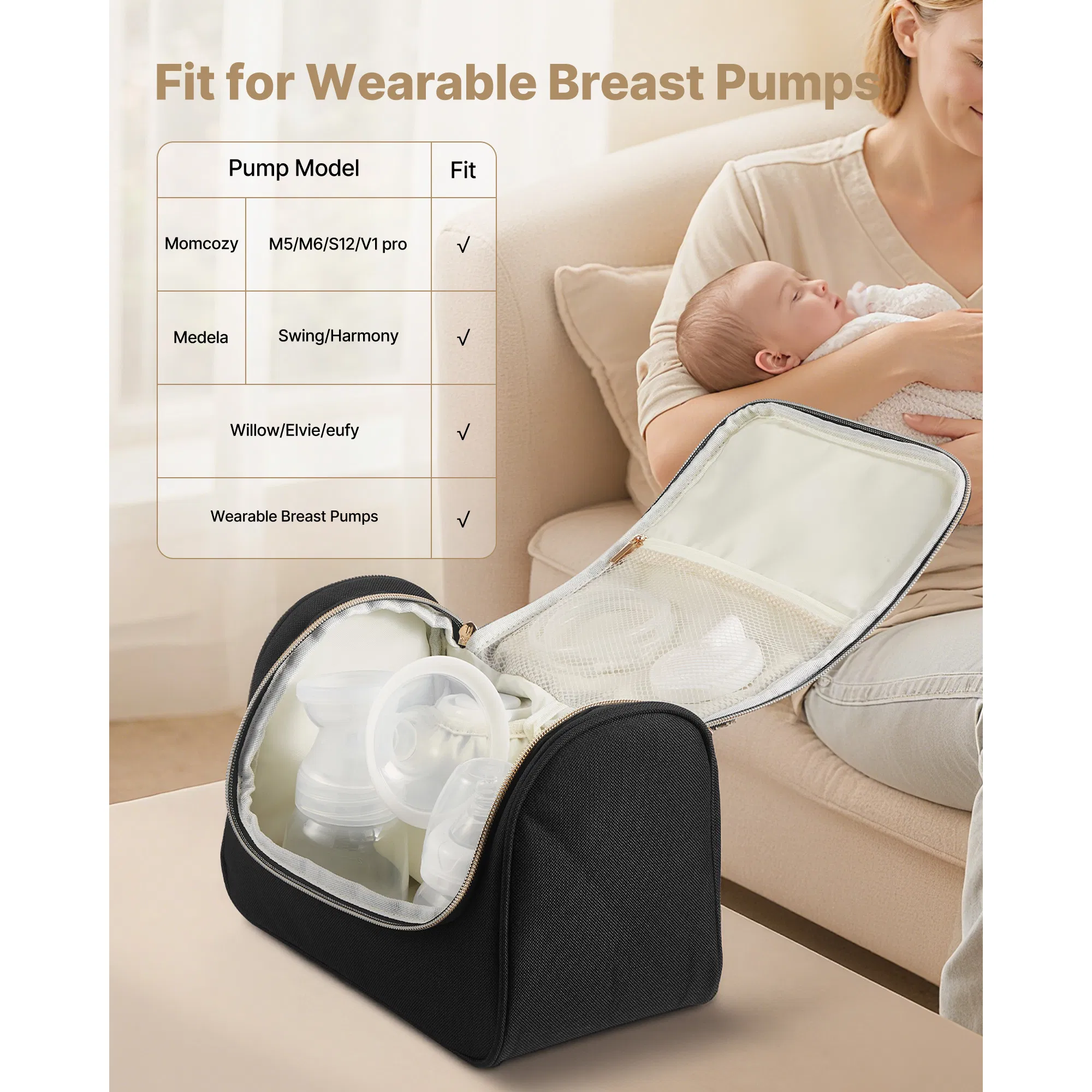 Portable Wearable Breast Pump Bag with Waterproof Mat,Ideal for M5/M6,Includes Pumping Accessories and Breastmilk Storage,Perfect for Work and Travel,Black
