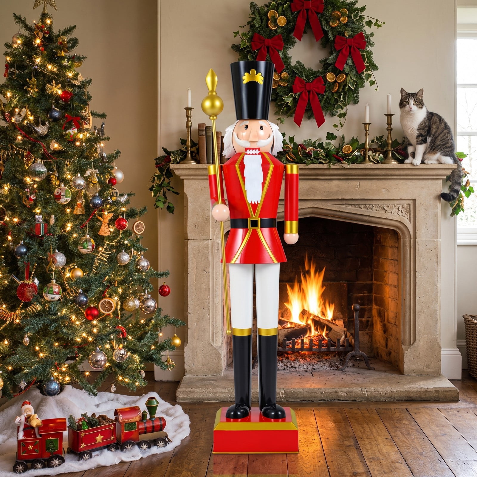 RUIE 4 FT Christmas Nutcracker Statue with High Hat & Scepter, Metal Holiday Nutcracker Soldier Figure with Hidden Lockable Storage for Indoor Outdoor, Black & Red