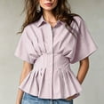 thumbnail image 2 of Women's Striped Blouse Peplum Hem Dressy Shirt Collared Short Sleeve Button Down Waist Fitted Business Casual Tops office Outfit Pink, 2 of 5