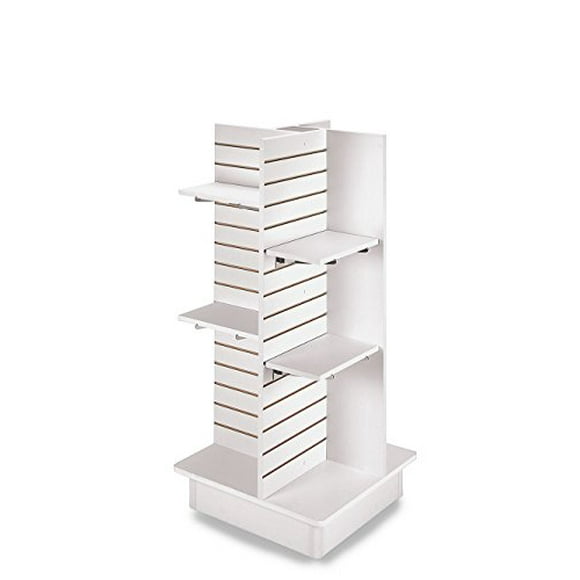 SSWBasics Durable White Slatwall Tower for Retail: Premium Slatwall Display Panels | Versatile Slatwall Gondola Solution 4-Panel White Slatwall Tower with Casters and Shelves (23"L x 23"W x 54"H)