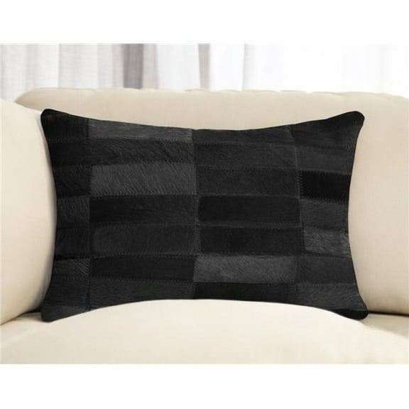 HomeRoots 544620 12 x 20 in. Black Patchwork Cowhide Lumbar Throw Pillow
