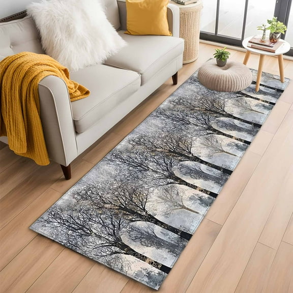 Black Grey Forest Kitchen Runner Rug 2x6 Washable Runners for Hallway Non Slip Vintage Watercolor Tree Tunk Large Area Rug Indoor Floor Carpet for Bathroom Laundry Entryway Bedroom Living Room