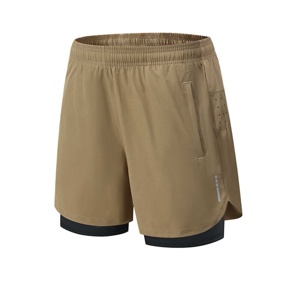 YLSDY Men's 7" Running Shorts with Zipper Pockets Quick Dry 2 in 1 Workout Gym Shorts with Liner for Tennis Yoga Training Khaki M