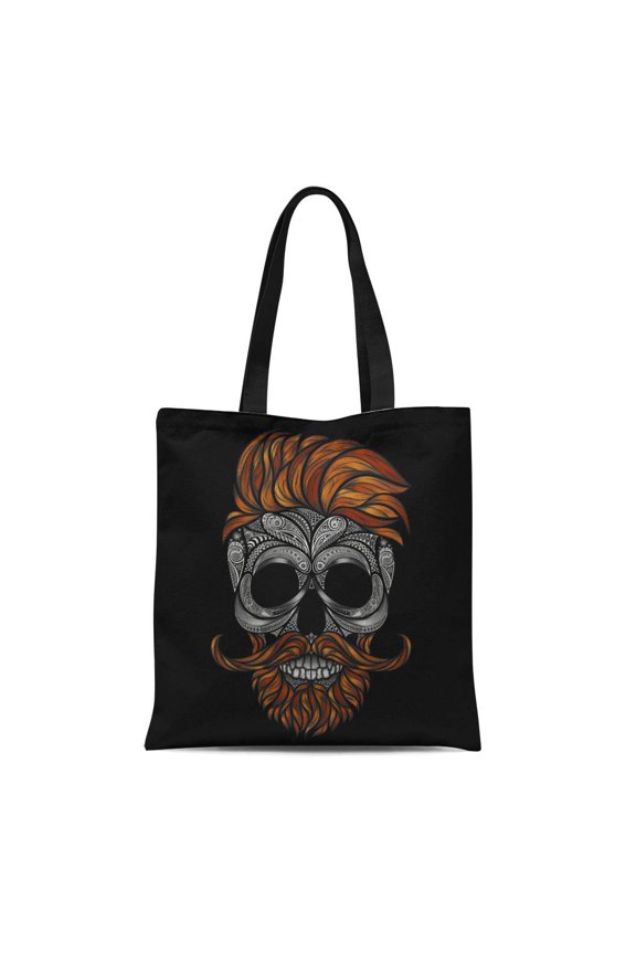 Canvas Tote Bag Red Dead Hipster Beard and Mustache Human Skull Made Reusable Shoulder Grocery Shopping Bags Handbag