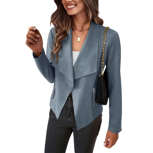 Abrigo PRETTYGARDEN 2025 de ante sintético corto con apertura frontal gris azul