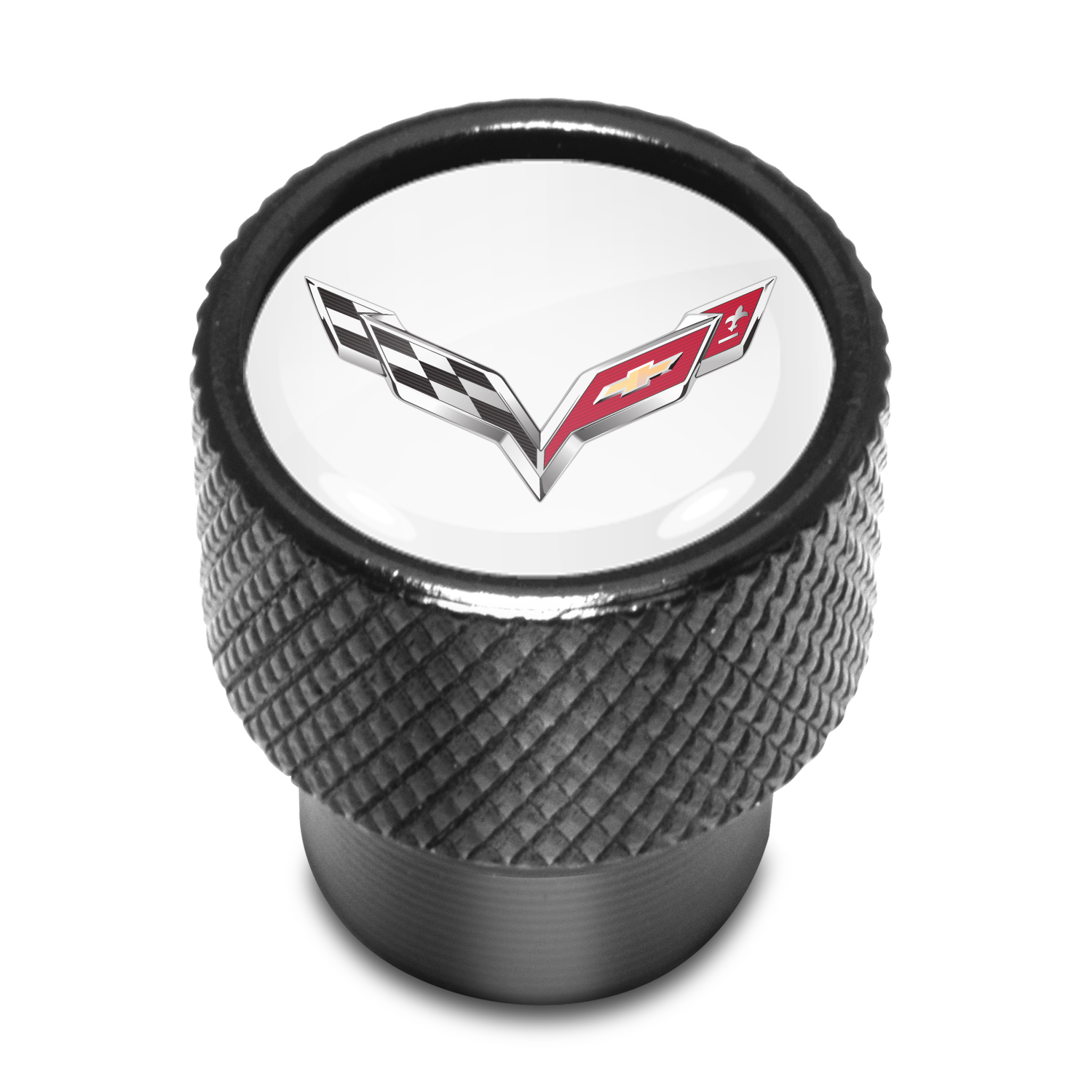 Chevrolet Corvette C7 Logo in White on Black Aluminum Tire Valve Stem Caps