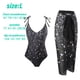 thumbnail image 4 of Un traje de baño de playa de aguas termales delgado de una pieza con lunares negros para mujer con falda cruzada, 4 of 5