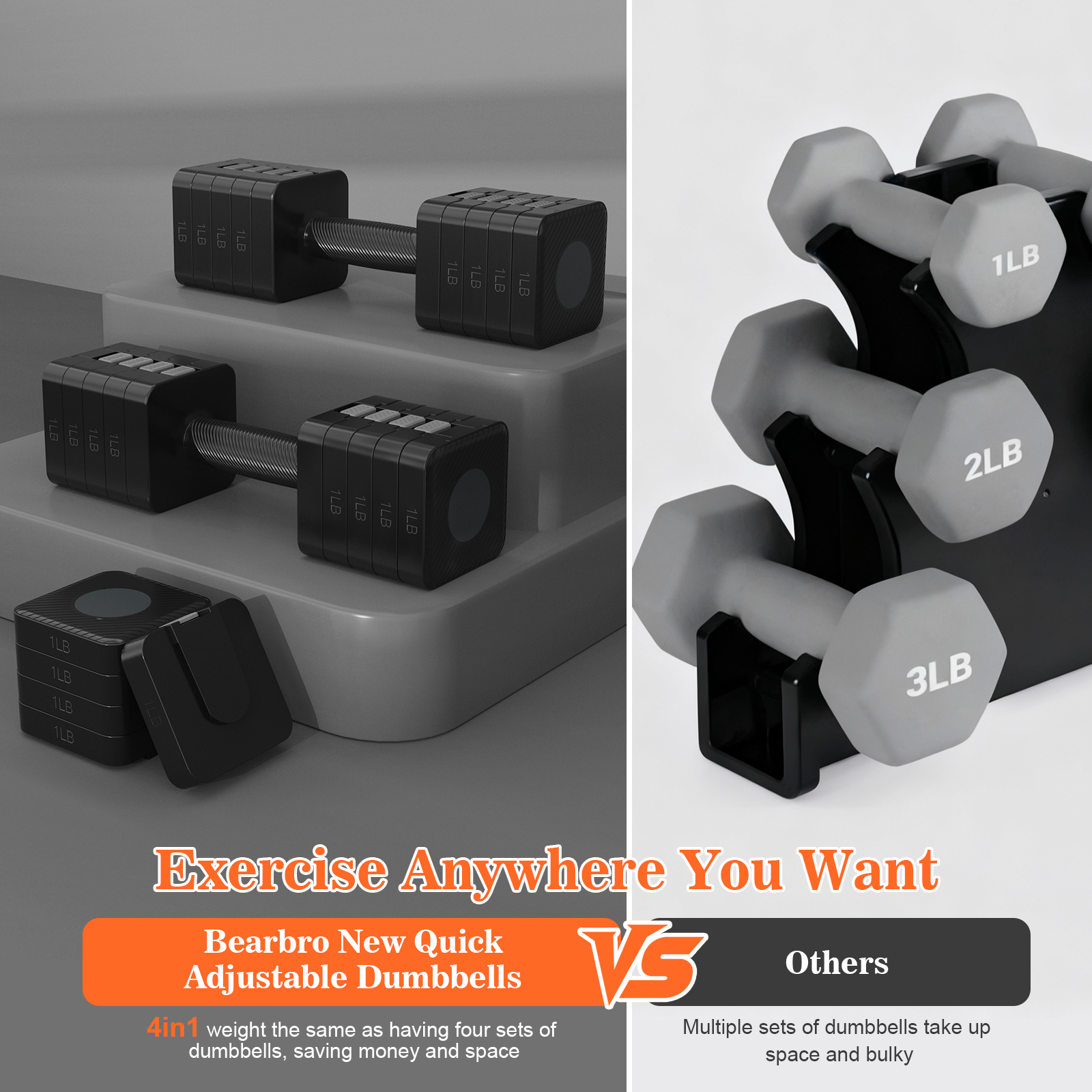 GIKPAL 10lbs*2 Adjustable Dumbbells Set, 4-in-1 Free Weights for Women, Each 3lb 5lb 7lb 9lb 11lb Hand Weights for Home Gym, Black
