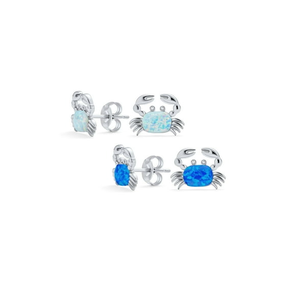 Bling Jewelry Womens Set of 2 Small Created Blue White Opal Crab Stud Earrings Sterling Silver