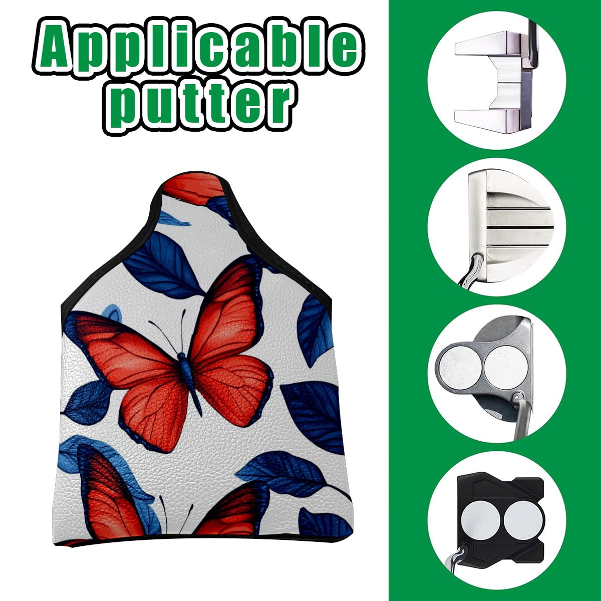 Golf Mallet Putter Cover Premium Leather Waterproof Golf Putter Head Cover with Magnetic Closure Red And Blue Butterfly