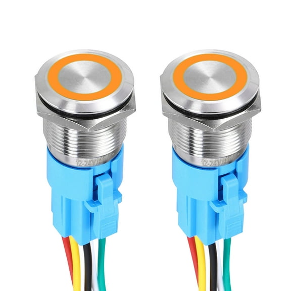 2Pcs 19mm Push Button Switch, IP65 1NO1NC 12-24V 5A Momentary Latching Push Button Starter Light on Off Switch Self-locking with Yellow Light Round Stainless Steel Flat Head Silver