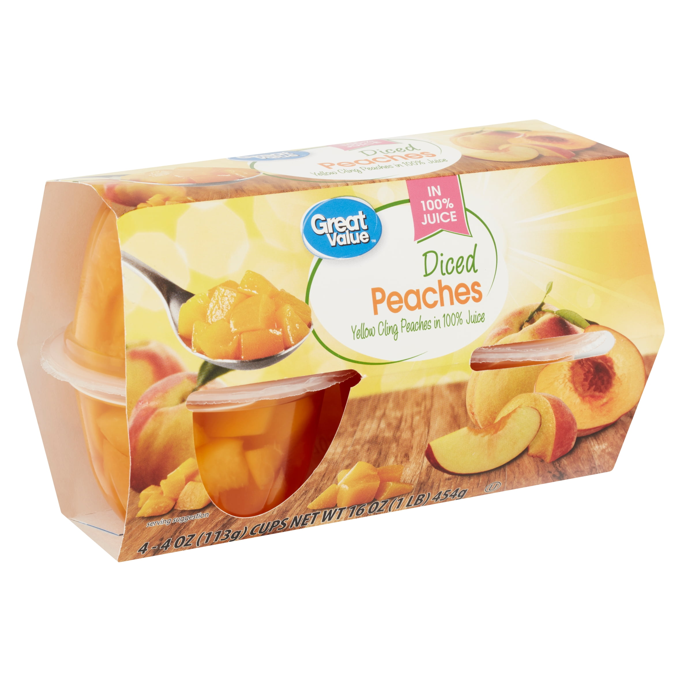 Great Value Diced Peaches in 100 Juice, 4 oz, 4 Ct