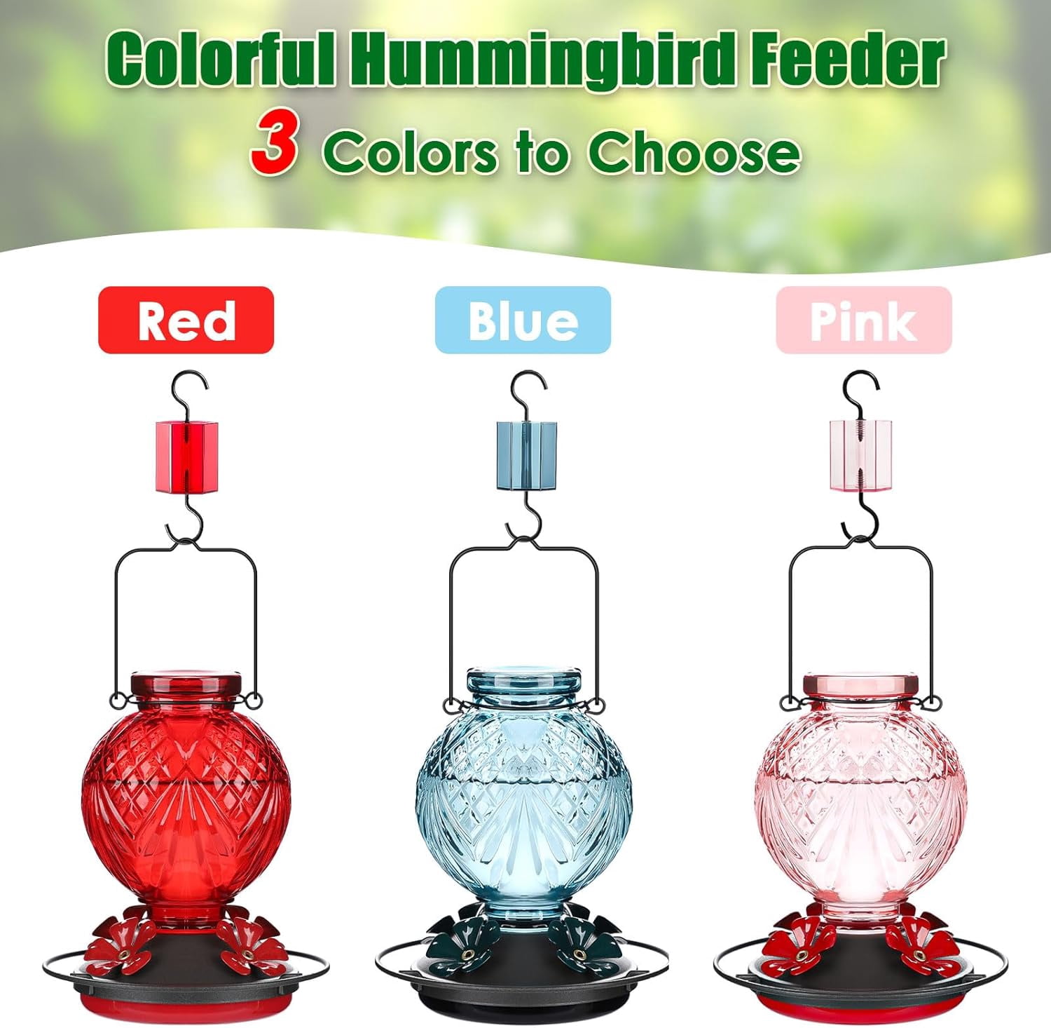 Glass Hummingbird Feeder for Outdoors Hanging, 20oz Bird Nectar Feeder with 4 Bee Guard Flower-Shaped Feeding Ports & Built-in Ant Moat, Easy to Clean, for Bird Lover,2 Pack,Red