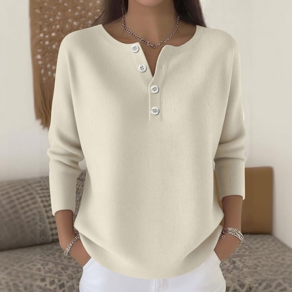 Women's Henley Neck Sweatshirt, Casual Button Front Pullover, Solid Color Long Sleeve Top, Comfortable Loose Fit Blouse, Relaxed Everyday Wear Sweatshirt Beige L