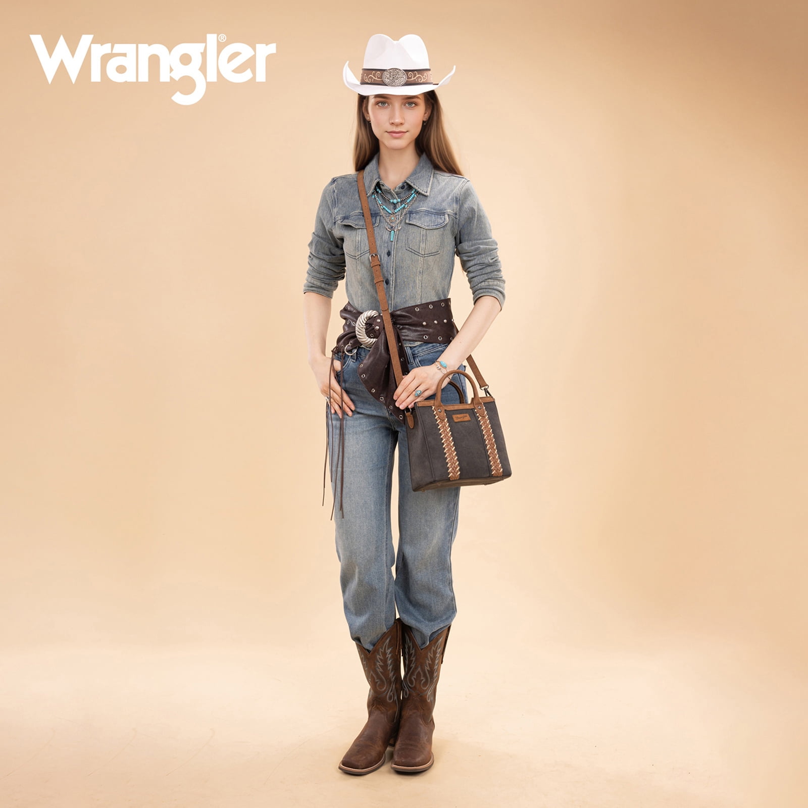 Wrangler Womens Braided Tote Bag Western Style Suede Top Handle Handbag With Detachable Crossbody Strap, Black
