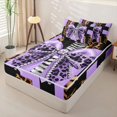 thumbnail image 3 of Homewish Leopard Print Bow Girls Zipper Twin Comforter Sets with Fitted Sheet and 2 Pillowcases, Purple Fashion Ribbon Zipper Bedding Set, Black Reversible, 4pcs, 3 of 6