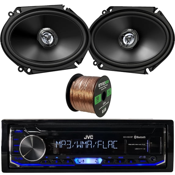JVC Single DIN Digital Media Bluetooth USB AUX AM/FM Radio Stereo Car Audio Receiver Bundle Combo with 2x 6x8" 300W Peak Power 2-Way Factory Upgrade Coaxial Speakers, 16 Gauge 50 Feet Speaker Wire