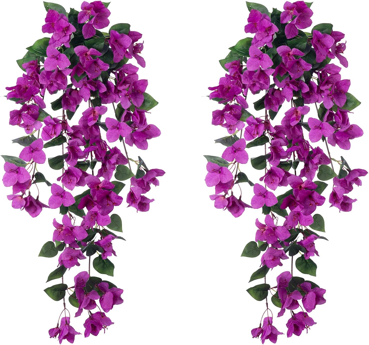 Artificial Fake Hanging Plants Flowers for Outdoor, 2pcs Faux Silk Pink Bougainvillea Long Vines Stems Realistic UV Resistant for Home Porch Patio Balcony Garden Yard Outside Party Wedding Decor