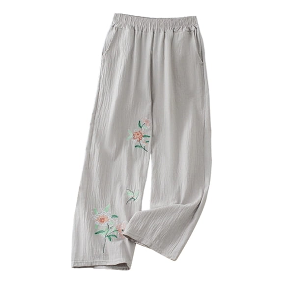 DHFJKG Womens Bohemian Wide Leg Pants For Women Flowy Palazzo Floral Embroidery Summer Loose Fit Elastic Waist Pants With Pockets Ethnic Style Stylish Trousers