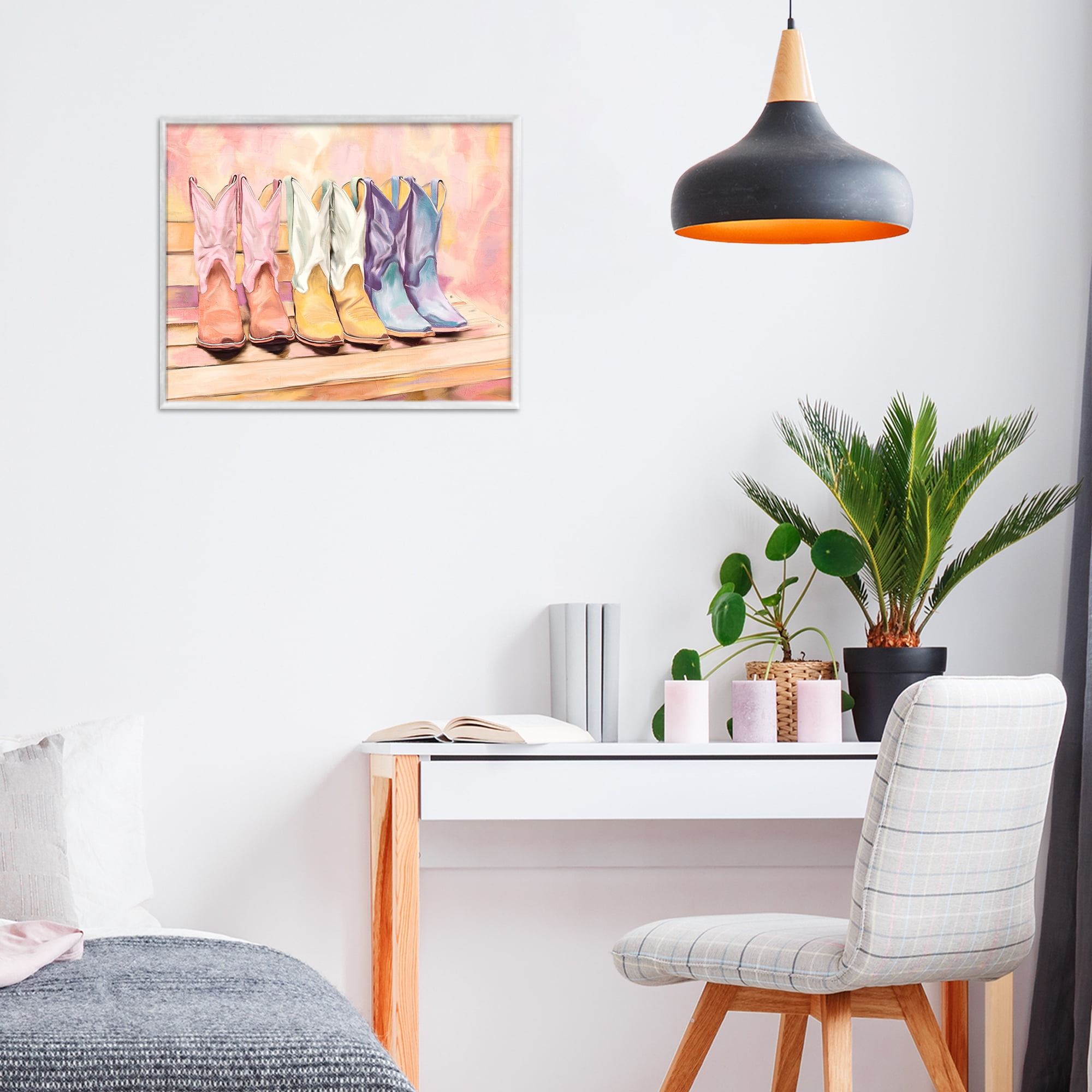 Painted Boots Trio White Framed Giclee Art, design by Kim Allen