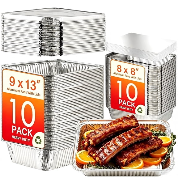 20 Pack Aluminum Pans , 10 Large 9x13 Foil Pans Half Size & 10 Small 8x8 Tin Foil Baking Pans With Lids