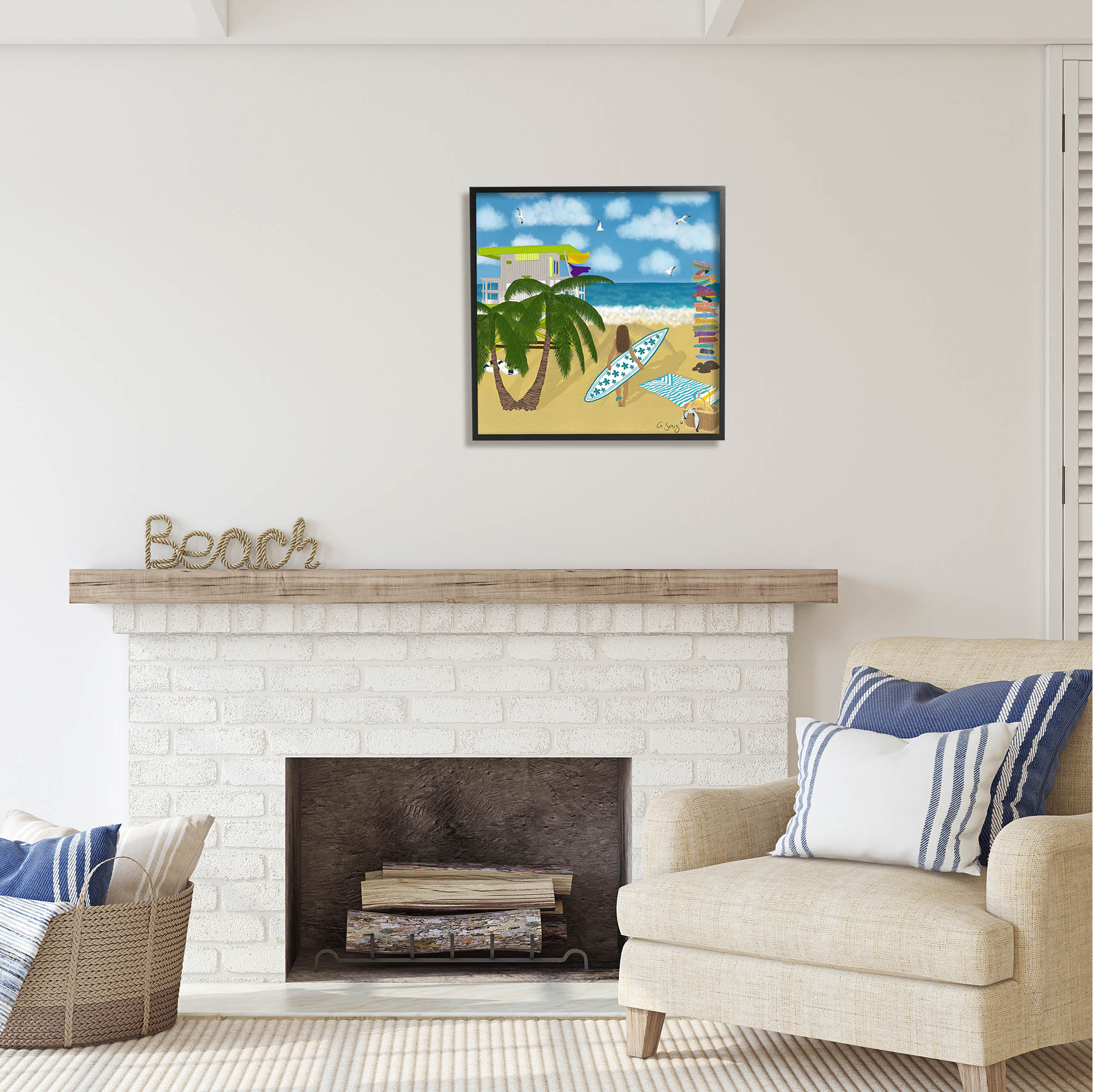 Stupell Industries Surfer Girl Walking Tropical Beach Coastal Painting Black Framed Art Print Wall Art