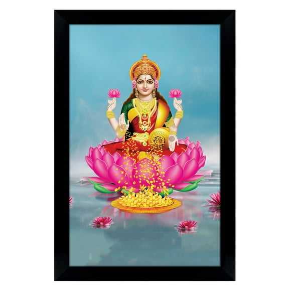 IBA Indianbeautifulart Goddess Lakshmi Cadre Photo Affiche Religieuse Cadre Mural Noir Cadre Photo Divinité Déco Murale pour Maison/ Bureau/ Temple-6 x 8 Pouces