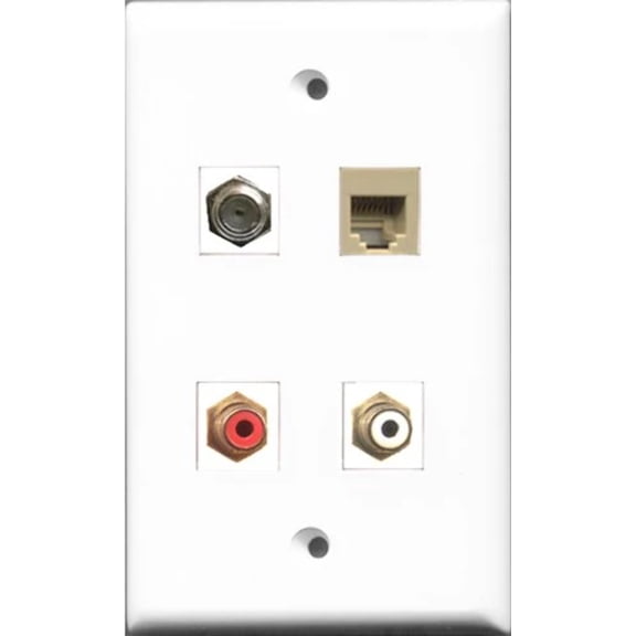 RiteAV 1 Port RCA Red and 1 Port RCA White and 1 Port Coax Cable TV- F-Type and 1 Port Phone RJ11 RJ12 Beige Wall Plate