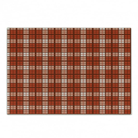 Plaid Cutting Board, Tartan Pattern with Grid Style Vintage Stripes and Squares Geometric Design, Decorative Tempered Glass Cutting and Serving Board, Small Size, Vermilion White, by Ambesonne